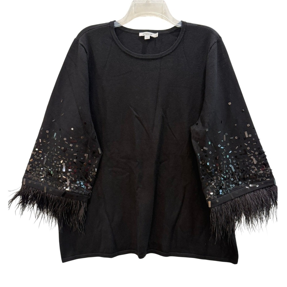 Chicos Black Sequin Feather Trim Sleeve Sweater Cashmere Blend Womens Size 4 XXL